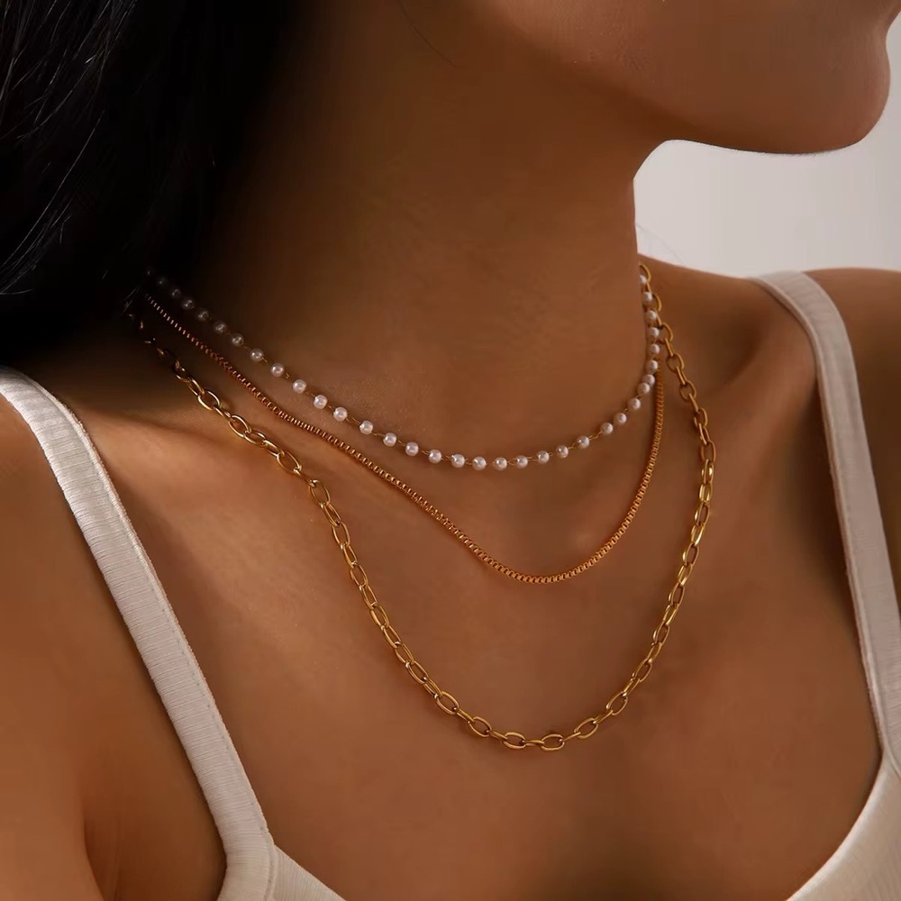 18K Gold Plated Beaded Triple Layer Necklace